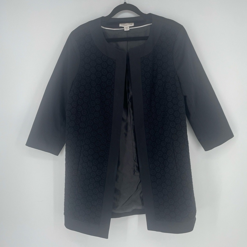 Coldwater Creek Open Front Crochet Lace Long Line Jacket Black‎ size 14
